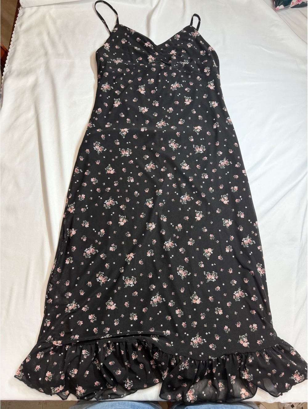 Ultra Flirt Women's Black Floral Slip Dress with Ruffle Hem, Size Medium